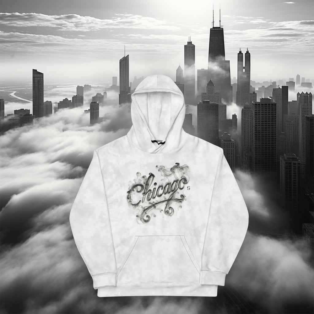 Chicago Sweatshirt over image of cloud covered Chicago in black & white